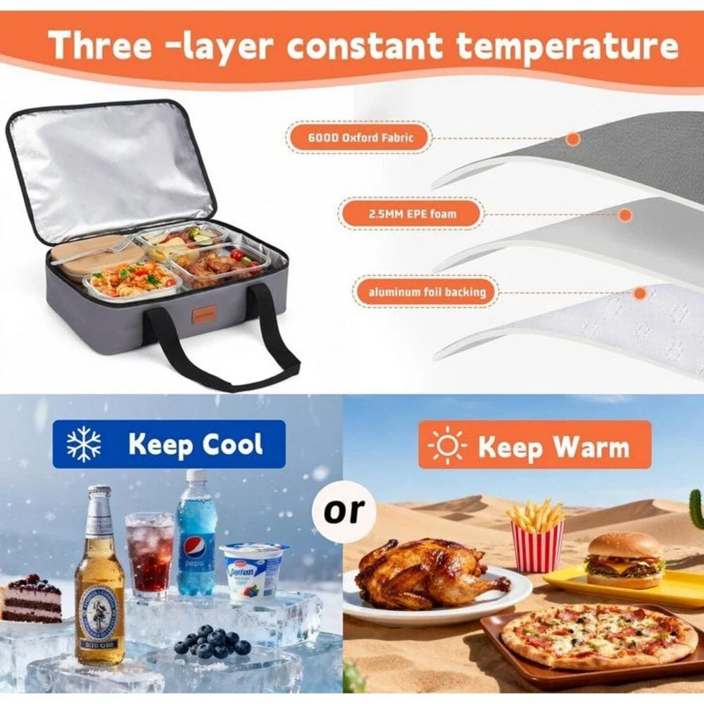 Gray Bag Portable Insulated Casserole Carrier, Leakproof Food Carrier Hot/Cold